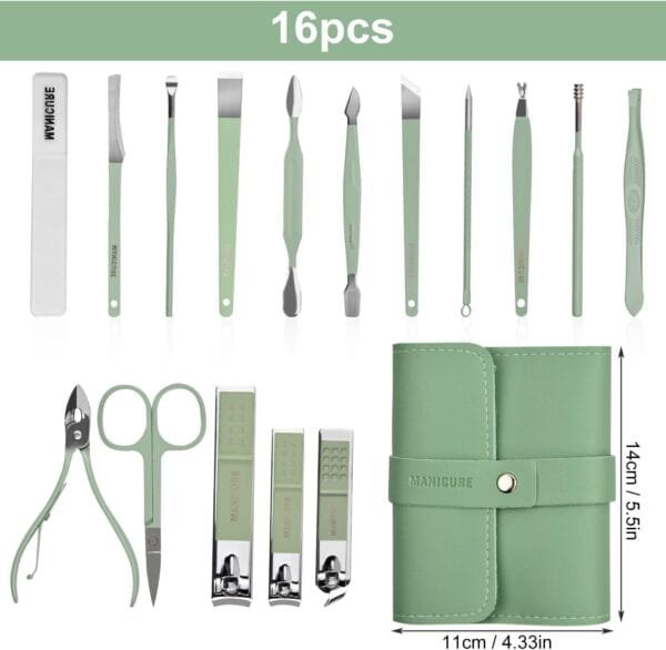 Manicure Pedicure Tools 16 Pieces Nail Clippers Set with PU Leather Cover, Stainless Steel Nail Care Kit, Professional Nail Cutting Kit for Men Women (Green - Image 6