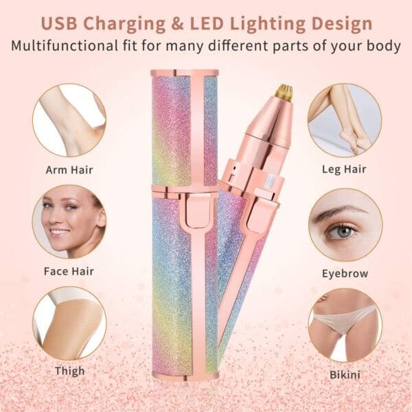 Electric Hair Remover Trimmer For Women?Rechargeable 2 in 1 Flawless Facial Razor?Painless Eyebrow Removal Shaver With LED Light For Lip Chin Bikini Fuzz Mustache - Image 2