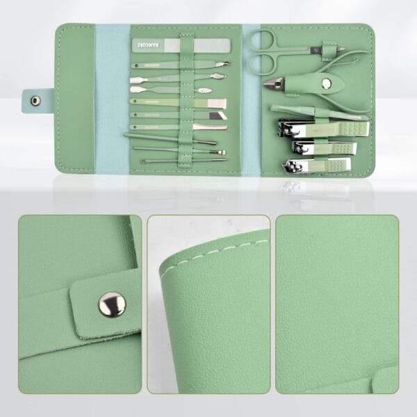 Manicure Pedicure Tools 16 Pieces Nail Clippers Set with PU Leather Cover, Stainless Steel Nail Care Kit, Professional Nail Cutting Kit for Men Women (Green - Image 5