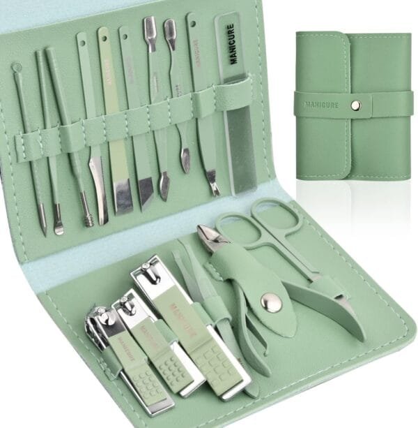 Manicure Pedicure Tools 16 Pieces Nail Clippers Set with PU Leather Cover, Stainless Steel Nail Care Kit, Professional Nail Cutting Kit for Men Women (Green - Image 7