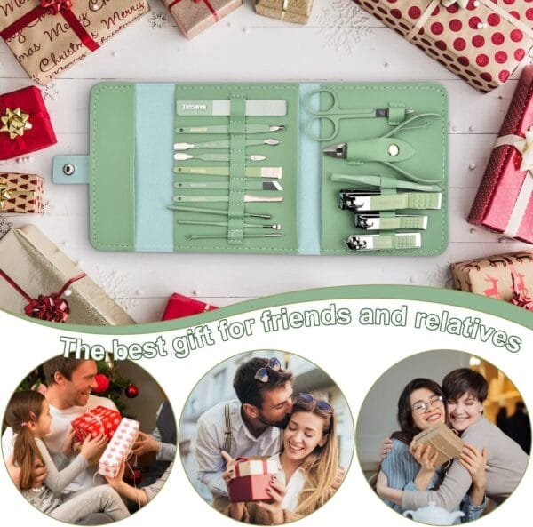Manicure Pedicure Tools 16 Pieces Nail Clippers Set with PU Leather Cover, Stainless Steel Nail Care Kit, Professional Nail Cutting Kit for Men Women (Green