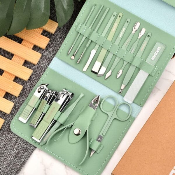 Manicure Pedicure Tools 16 Pieces Nail Clippers Set with PU Leather Cover, Stainless Steel Nail Care Kit, Professional Nail Cutting Kit for Men Women (Green - Image 2