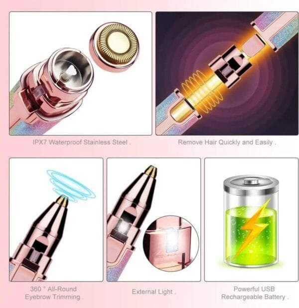 Electric Hair Remover Trimmer For Women?Rechargeable 2 in 1 Flawless Facial Razor?Painless Eyebrow Removal Shaver With LED Light For Lip Chin Bikini Fuzz Mustache - Image 4