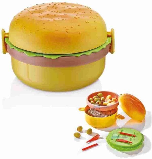 Burger Shape Lunch Box for Kids - School Tiffin Box for Boys & Girls, Leak Proof Plastic Snacks Lunch Box with 3 Layer 4 Compartments with 2 Spoons for Adults and Kids PP Plastic No Ratings - Image 9