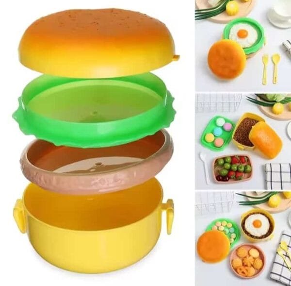 Burger Shape Lunch Box for Kids - School Tiffin Box for Boys & Girls, Leak Proof Plastic Snacks Lunch Box with 3 Layer 4 Compartments with 2 Spoons for Adults and Kids PP Plastic No Ratings - Image 6