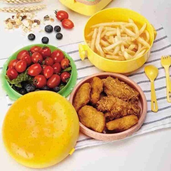 Burger Shape Lunch Box for Kids - School Tiffin Box for Boys & Girls, Leak Proof Plastic Snacks Lunch Box with 3 Layer 4 Compartments with 2 Spoons for Adults and Kids PP Plastic No Ratings - Image 5