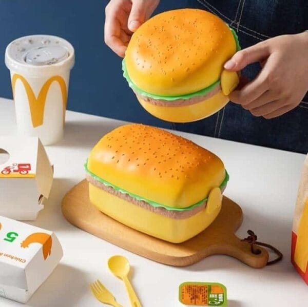 Burger Shape Lunch Box for Kids - School Tiffin Box for Boys & Girls, Leak Proof Plastic Snacks Lunch Box with 3 Layer 4 Compartments with 2 Spoons for Adults and Kids PP Plastic No Ratings