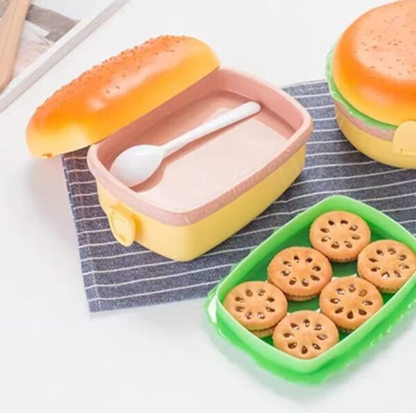 Burger Shape Lunch Box for Kids - School Tiffin Box for Boys & Girls, Leak Proof Plastic Snacks Lunch Box with 3 Layer 4 Compartments with 2 Spoons for Adults and Kids PP Plastic No Ratings - Image 2