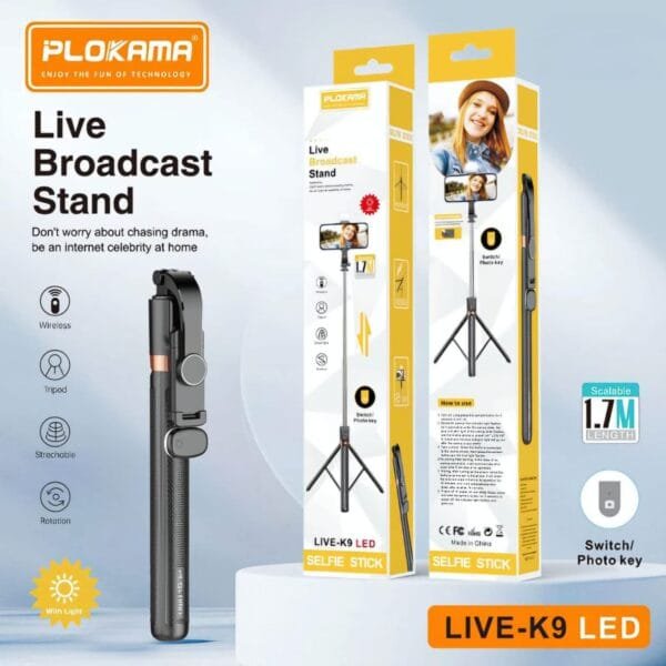 Bluetooth Selfie Stick with Light PLOKAMA K9