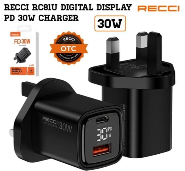Recci RC81U PD 30w Digital Display Fast Charger Black (Copy)