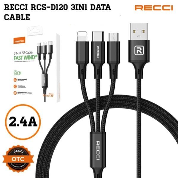 Recci RCS-D120 Fast Wind Series 3 In 1 USB-A To Lightning – Type-C – Micro Charging Data Cable
