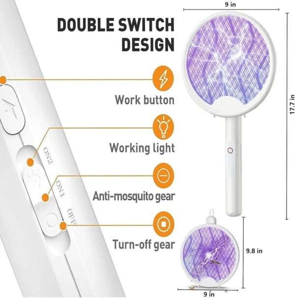 Mosquito Killer Racket Electric Bat with UV LED Light Lamp Mosquito Swatter Mosquitos Zapper Indoor & Outdoor USB Rechargeable Handheld Electric Fly Swatter - Image 2