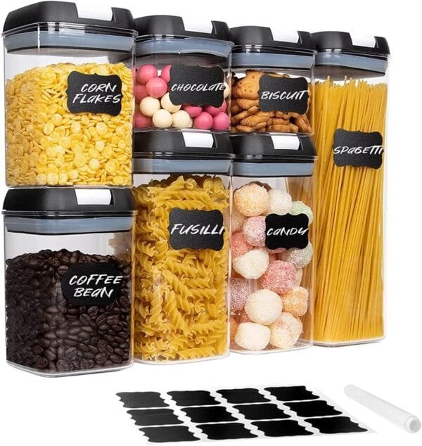 7 Pcs Airtight Food Storage Containers, Kitchen Storage Containers with Lids, Airtight, BPA Free Pantry Containers for organization and storage -Includes Labels, Marker Pen (Black)