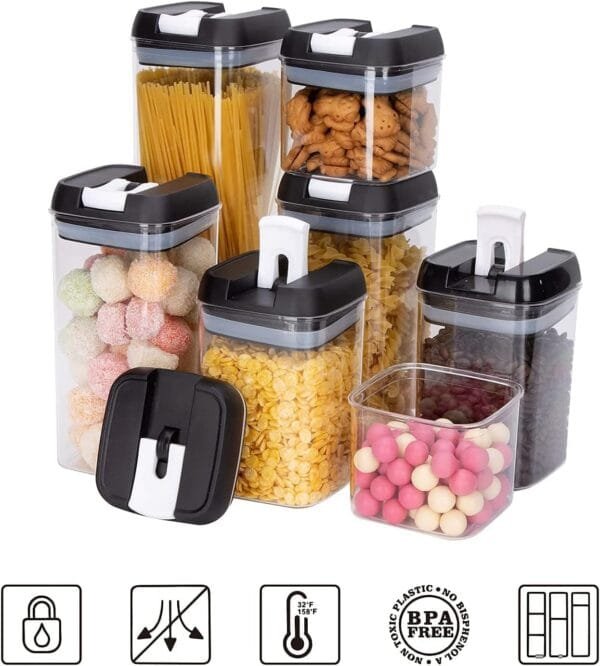 7 Pcs Airtight Food Storage Containers, Kitchen Storage Containers with Lids, Airtight, BPA Free Pantry Containers for organization and storage -Includes Labels, Marker Pen (Black) - Image 3