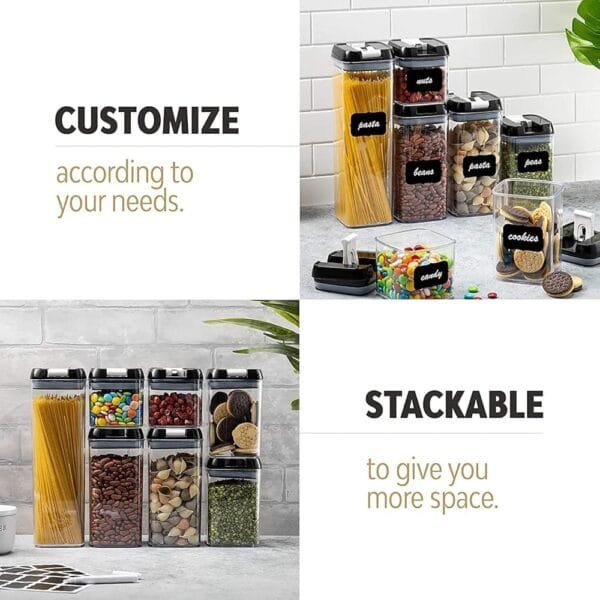 7 Pcs Airtight Food Storage Containers, Kitchen Storage Containers with Lids, Airtight, BPA Free Pantry Containers for organization and storage -Includes Labels, Marker Pen (Black) - Image 4