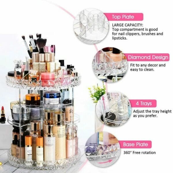 360 Rotating Beauty Makeup Vanity Organizer Cosmetic Storage Countertop Organizers Large Capacity Perfume Make Up Brush Holder
