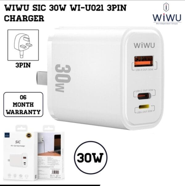 Wiwu WI-U021 SIC 30W PD+QC Fast Charger 3 Pin – White